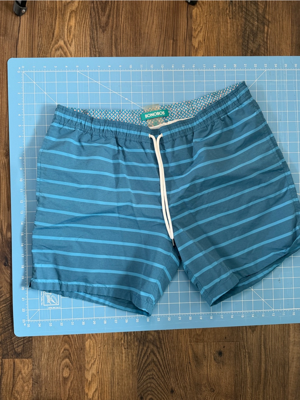 Bonobos Teal and Light Blue Striped Men’s Swim Trunks